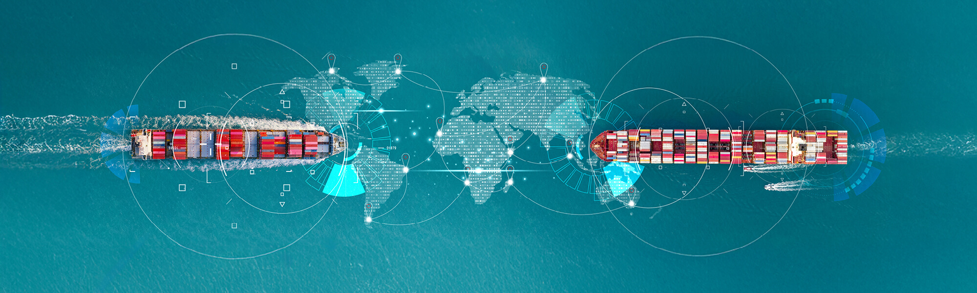 L'immagine mostra l'elaborazione grafica di un planisfero su cui sono posizionate due navi portacontaier